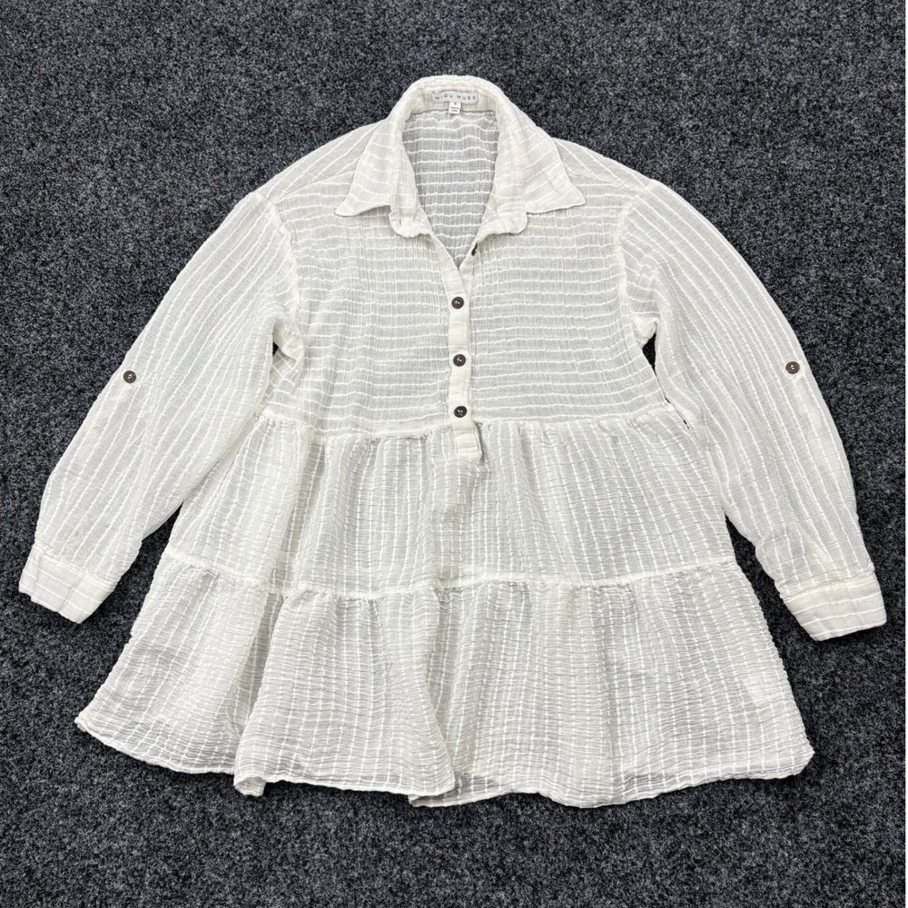 Miou Muse Blouse Womens Small White Sheer Plaid Tiered Babydoll Peplum Top S